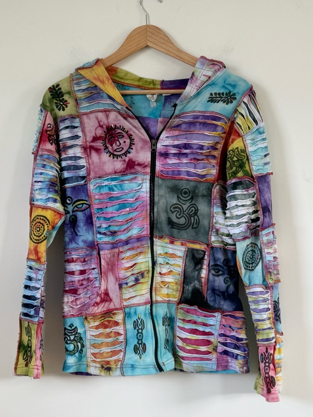 Vintage Festival Boho Tribal Y2K Patchwork Razor Cut Zip Up Hoodie size L